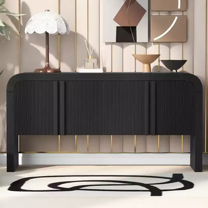 Okak 63IN Modern Curved Console Table, Entryway Table with 4 Doors and Adjustable Shelf, Narrow Console Table for Hallway, Living Room