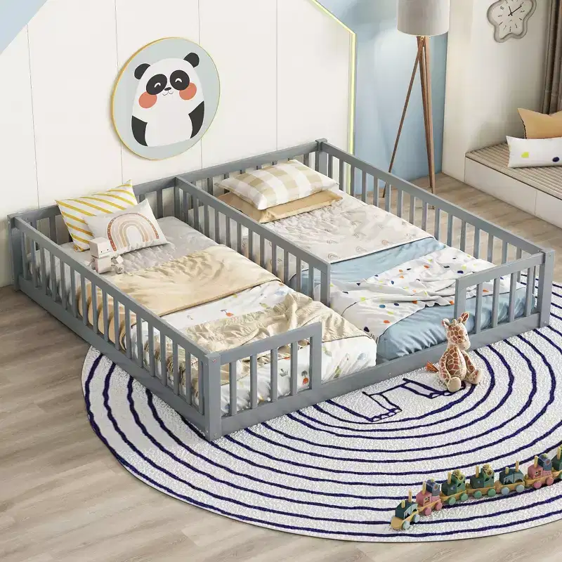 Bellemave Double Twin Floor Bed with Guardrails, Pine & Engineered Wood, Natural & Gray, Safe, Sturdy, Space-Saving, Easy Assembly for Kids
