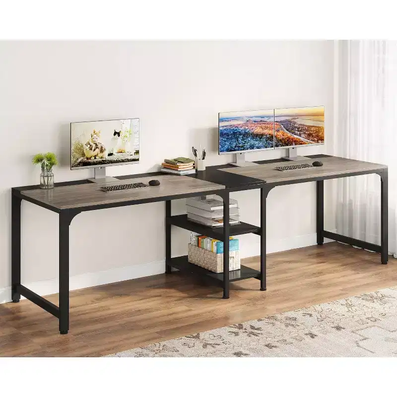 Tribesigns 90.6 Double Desk with Storage Shelf, Two Person Computer Desk for Home Office