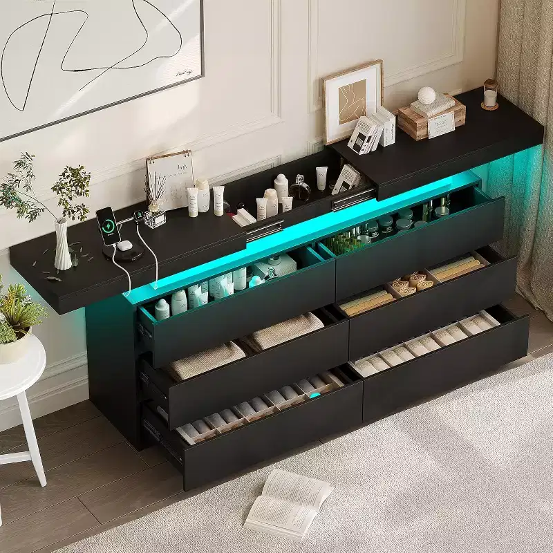 modern 6-drawer dressing table - storage cabinet with LED lights, top sliding storage, bedroom, living room