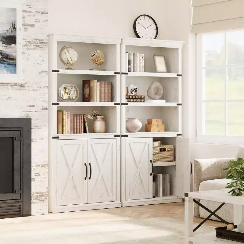 Farmhouse Book Shelf with Door, 5 Tier Wooden Book Case with Storage, 68.7 Tall Display Shelf for Living Room, Home Office