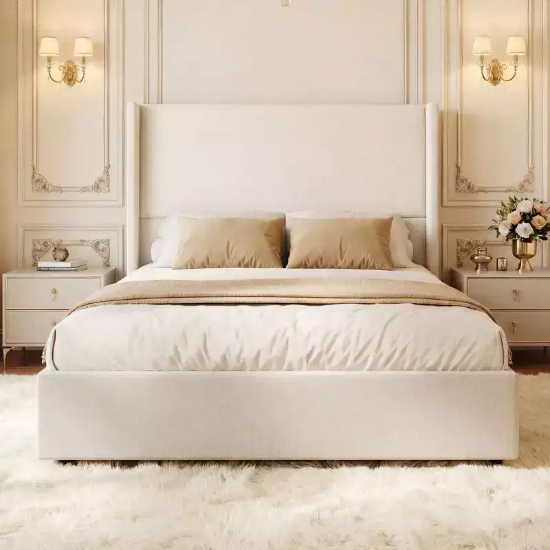 Dyonery natural linen soft bed, 55 inches in height, reinforced structure, suitable for 8-14 inch thick mattresses, no need for spring box