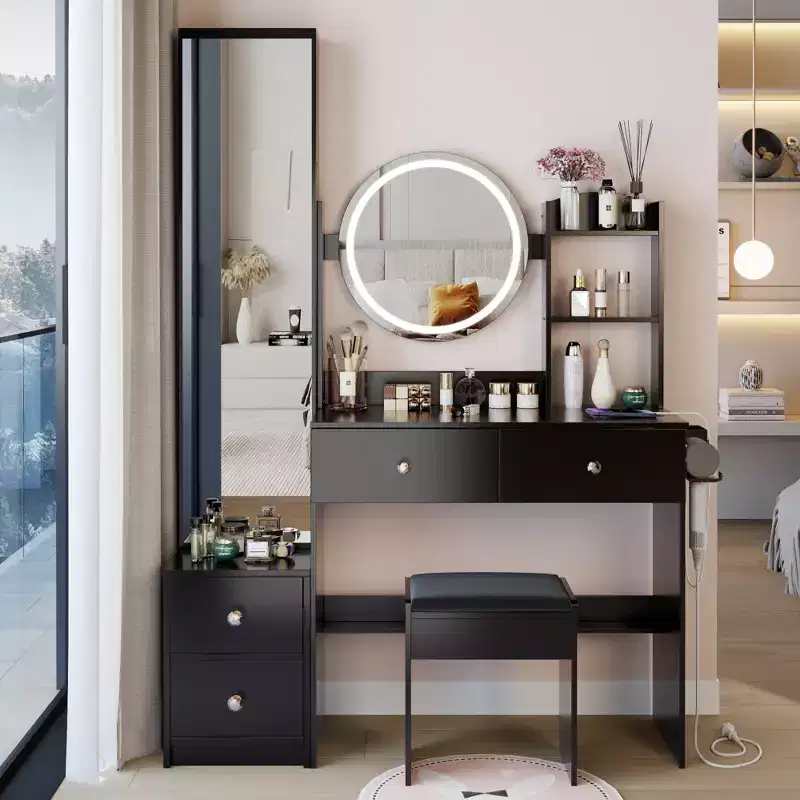 Mirror Makeup Vanity Desk with Cushioned Stool,Smart White Vanity Table with Round Mirror, 17 Inch LED Mirror, Vanity Set Touch Control
