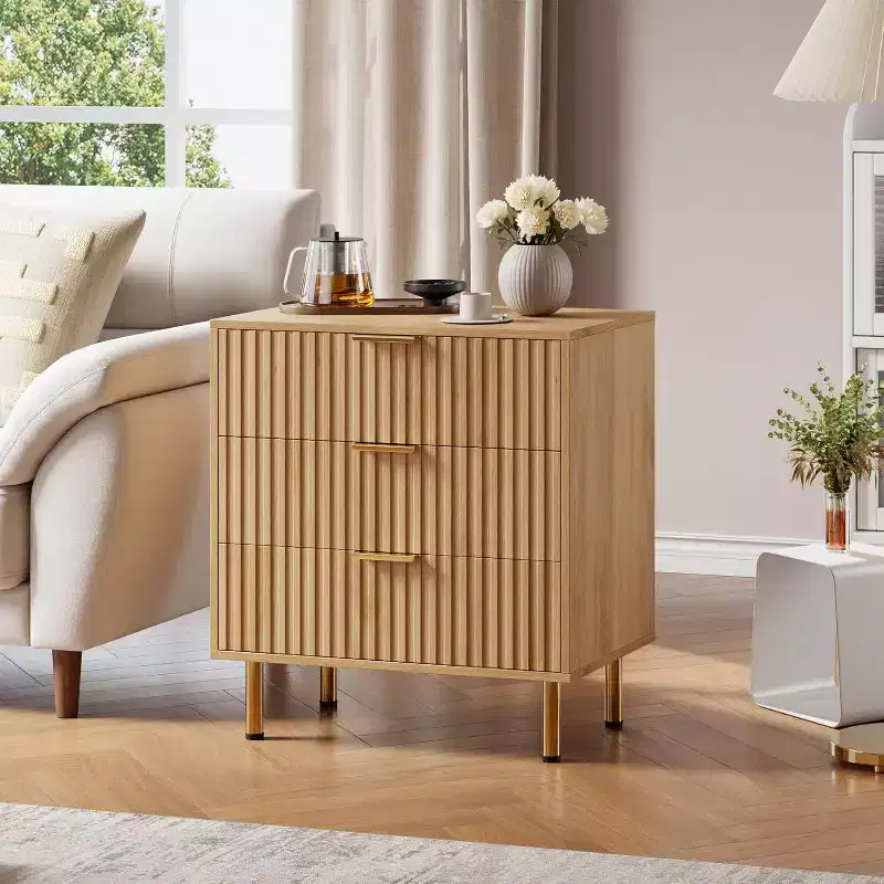 Green Fluted 3-Drawer Nightstand, Single