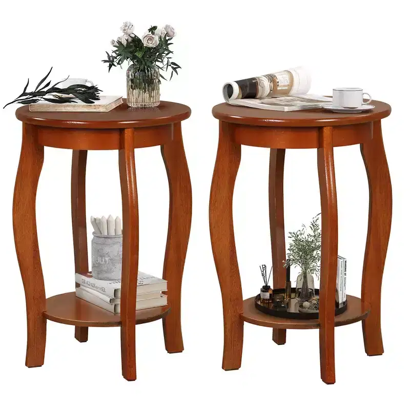 Costway 2-Tier Round End Table Set of 2 Narrow Sofa Side Nightstand w/ Storage Shelf