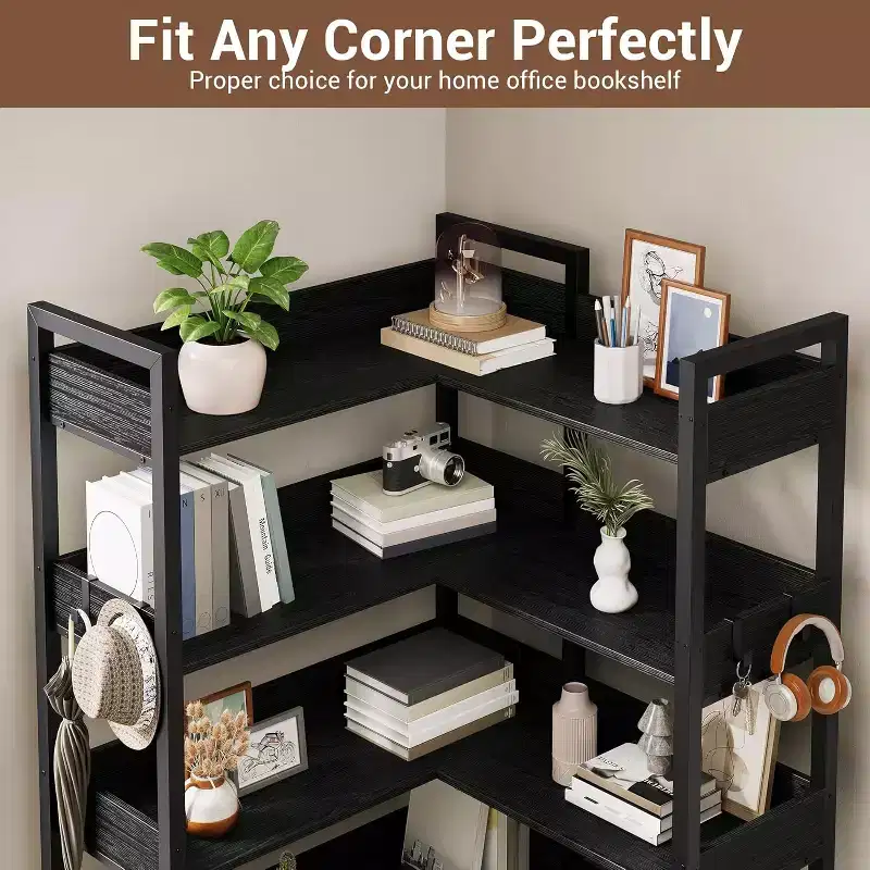 5-Tier Corner Bookshelf with Hooks, Wooden Bookcase with Open Shelves and Metal Frame for Home Office