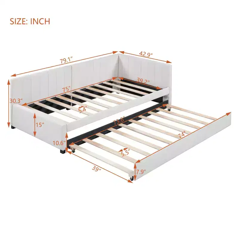 Bellemave Twin Size Upholstered Daybed with Trundle Bed,Twin Day Bed Frame with Armrest,Sofa Bed for Living Room Bedroom,Beige