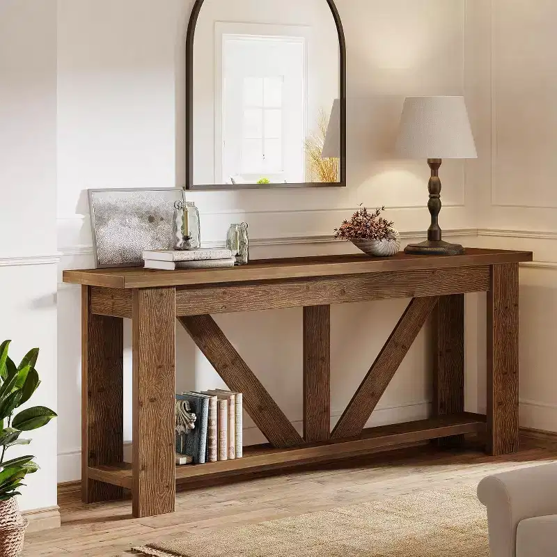 Lantine 2 Tiers Solid Wood Console Table, 70.9 Extra Long Entryway Table, Sofa Table Behind Couch for Living Room, Hallway, Foyer