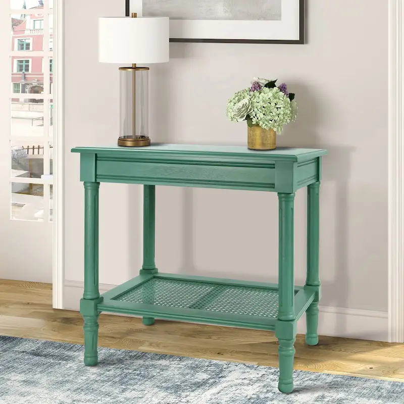 Cream Side Table with Rattan Shelf