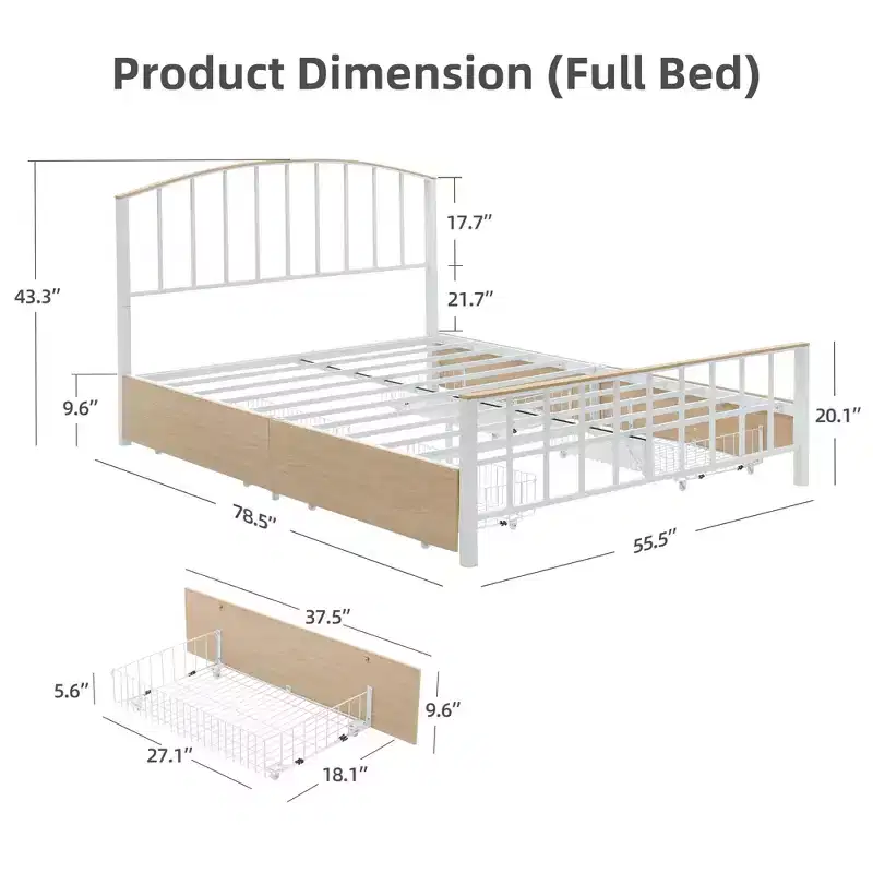 Bed Frame with Storage Drawers, White Metal Platform Bed with Headboard, 4 Large Drawers & Stable Support, No Box Spring Needed