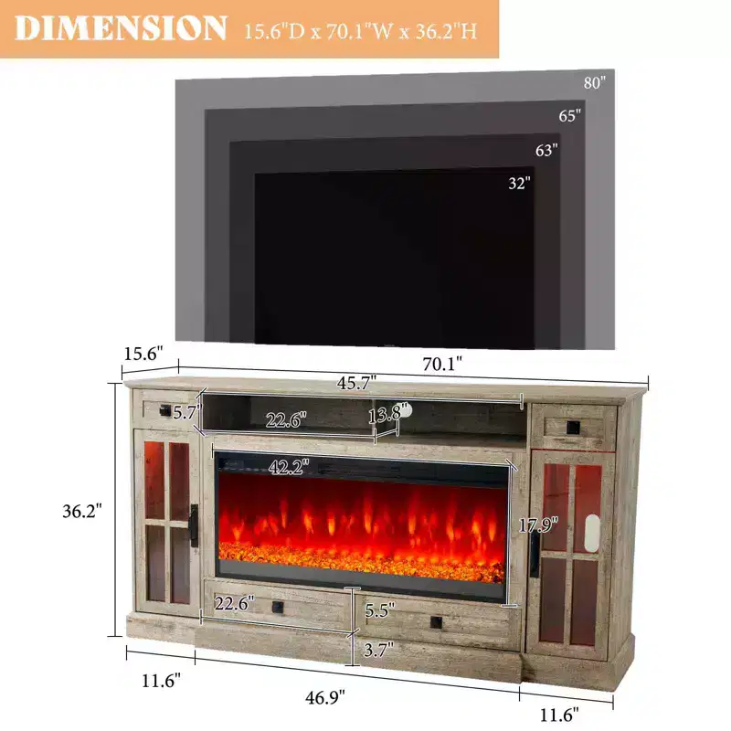 AMERLIFE 70 Large Fireplace TV Stand with 42 Fireplace, Farmhouse Entertainment Center, , Light Gray