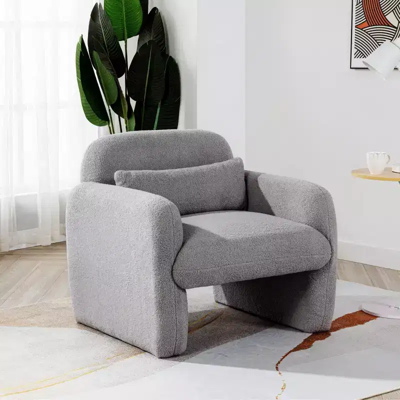 Modern Accent Chair with Teddy Fleece Upholstered Armchair, Lounge Single Sofa with Pillow for Living Room, Bedroom, Office