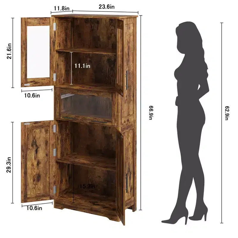 Tall Bathroom Cabinet, 67 Storage Cabinet with Glass Doors & Adjustable Shelf, Freestanding Cupboard for Small Spaces, Laundry, Living Room