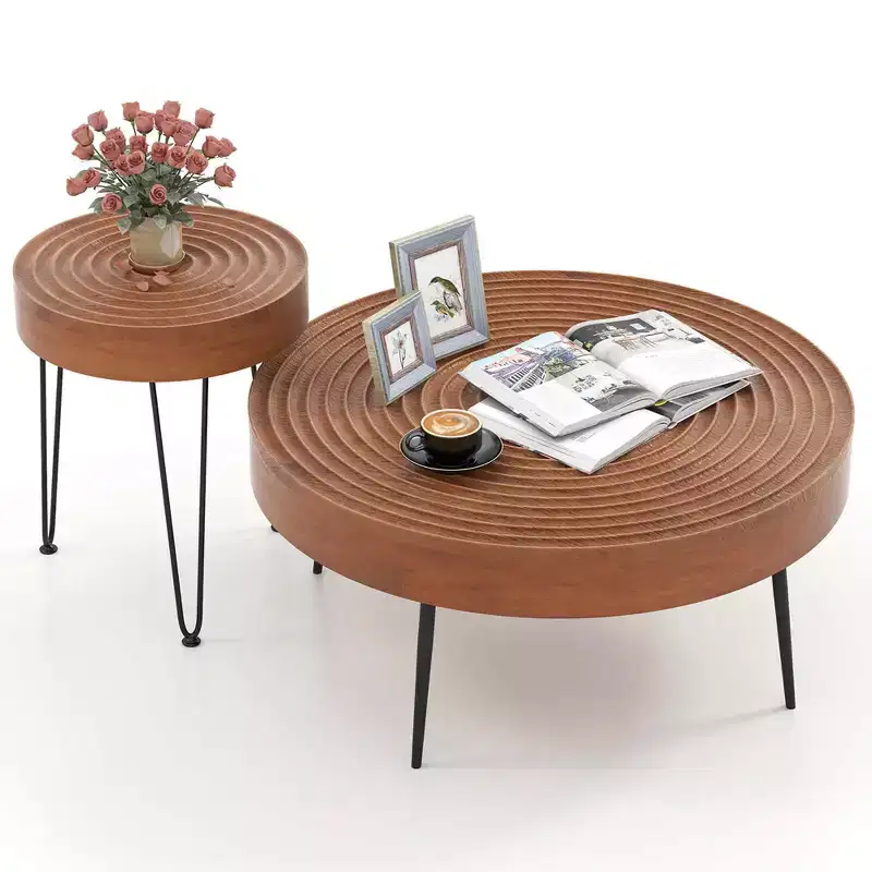Costway Farmhouse Round CoffeeTable Set of 2 End Table Natural Finish for Living Room Brown/Natural
