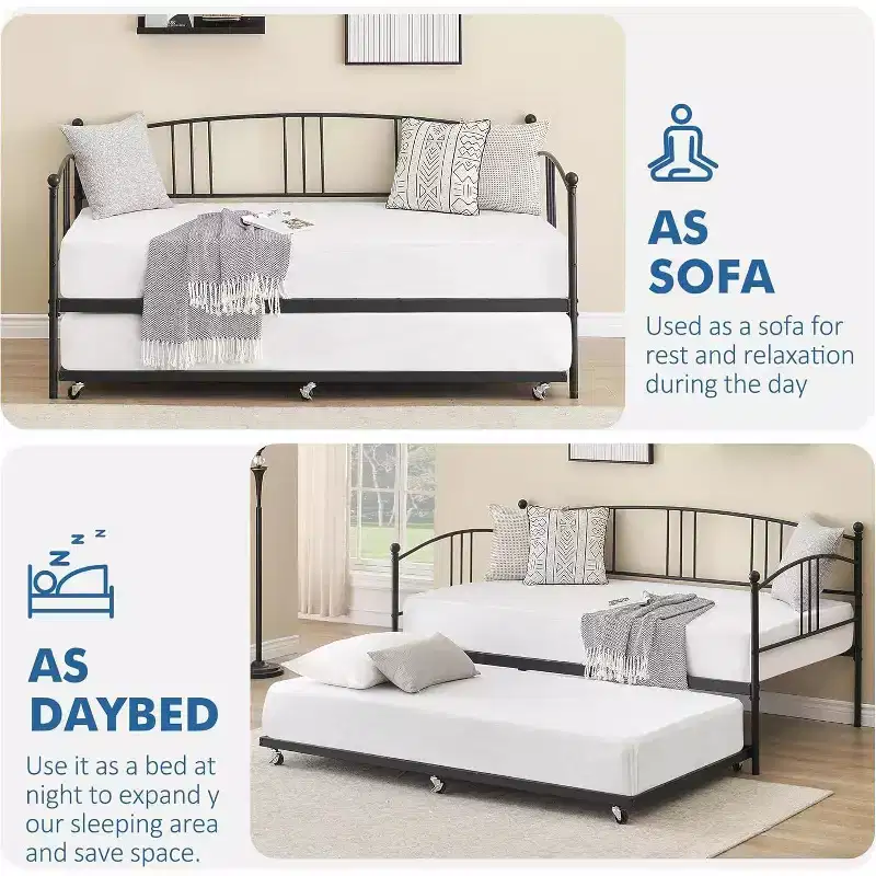Twin Daybed with Trundle – Metal Frame Sofa Bed with Pull-Out Trundle
