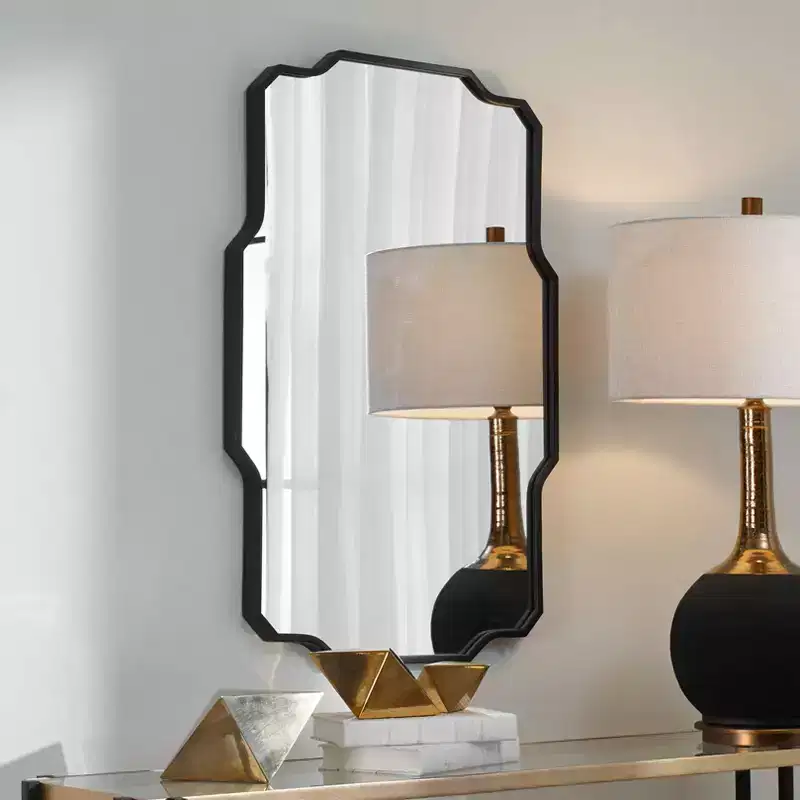 Uttermost Rectangular Vanity Decorative Wall Mirror Modern Sharp Angles Soft Curves Matte Black Iron Frame 24 Wide for Bathroom