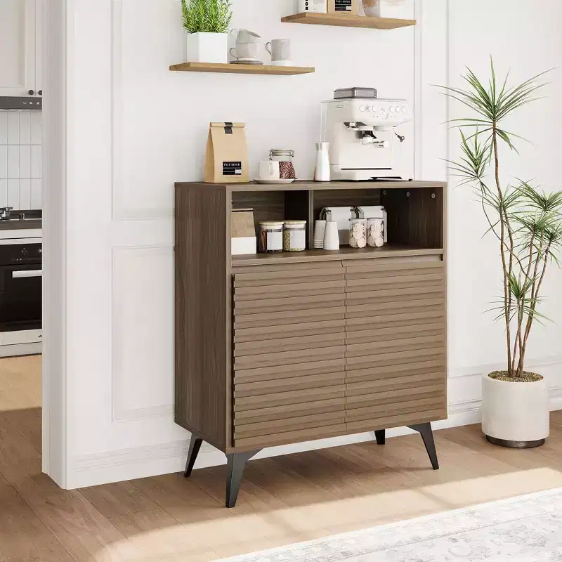 28 Inch Fluted Sideboard Buffet Cabinet, Slim Wood Storage Cabinet with Adjustable Shelves & Doors for Kitchen, Dining Room, Apartments