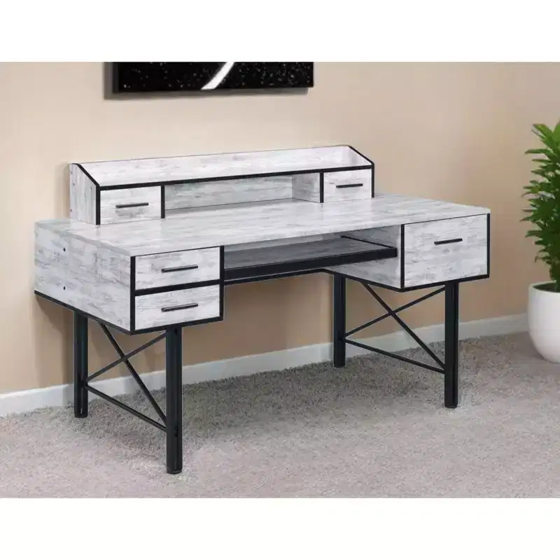HomeRoots 59 Antiqued White and Black Computer Desk With Five Drawers