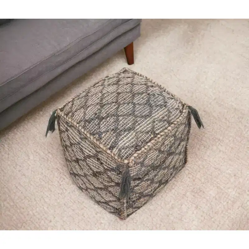 HomeRoots 18 Natural Gray And Taupe Jute Cube Trellis Pouf Ottoman