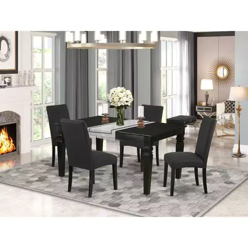 5-Piece Rectangle Black Finish Solid Wood Top Dining Table with 4 Parson Chair with Butterfly Leaf