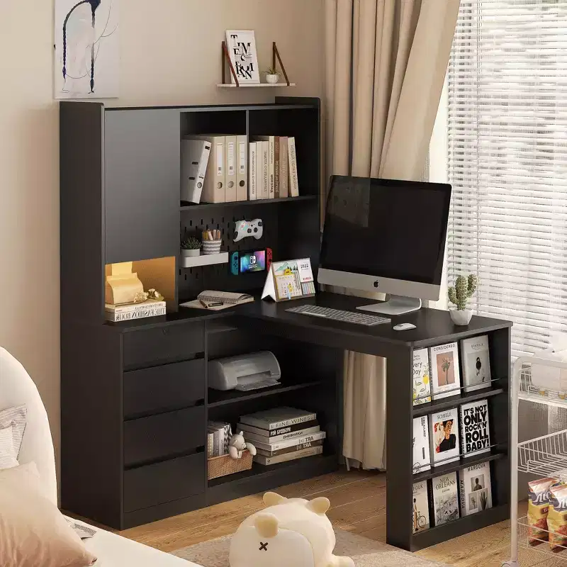 46 Inch L-Shaped Corner Desk with Bookshelf and Drawers for Home Office, Bedroom, Reading Room