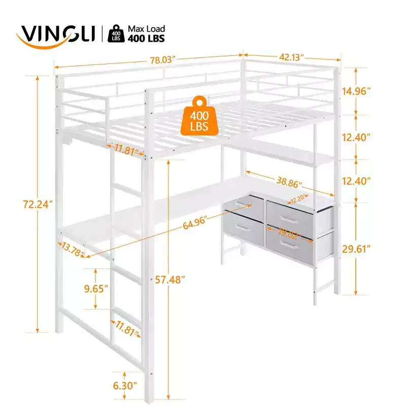 VINGLI Twin Loft Bed with 15 Inches Guardrail/ Desk/Flat Rungs/LED/2 Charging Stations/Storage Shelves/Dresser, Heavy Duty Metal Support Slat, White