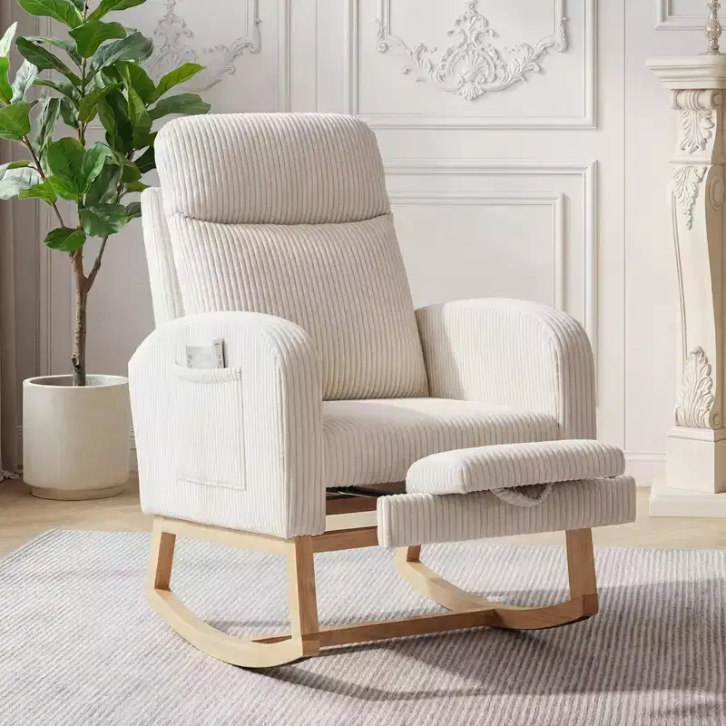 Nursery Rocking Chair with Adjustable Footrest - Tufted Upholstered Glider Rocker with Side Pocket for Living Room, Bedroom, Baby Nursery