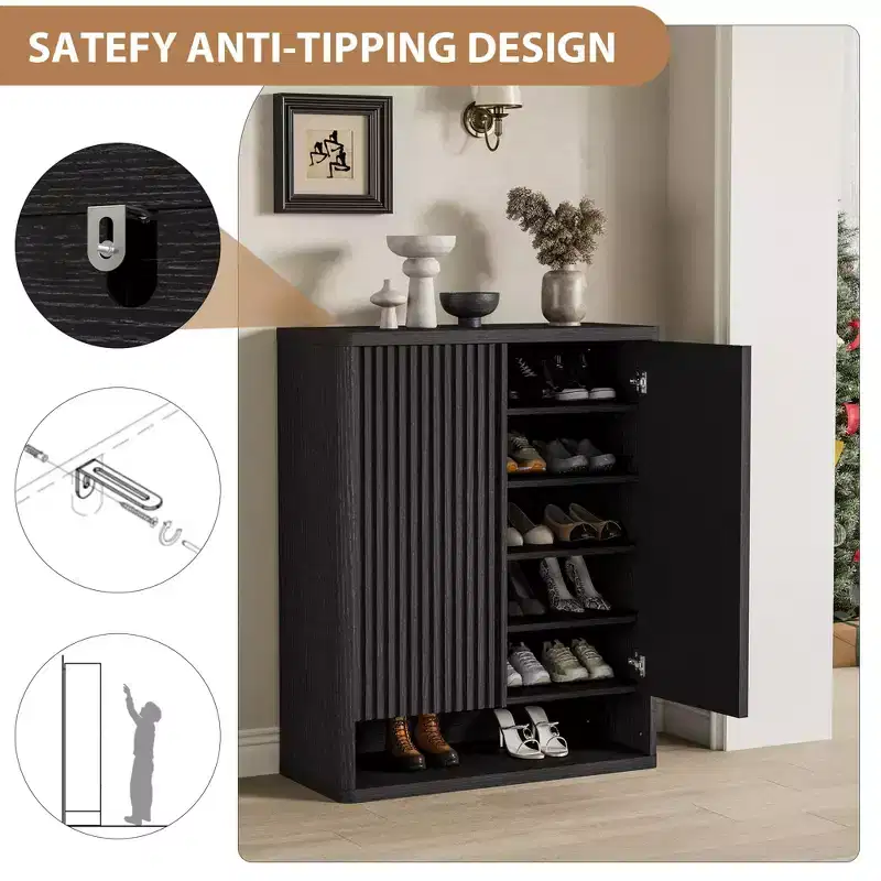 Shoe Cabinet  Modern Fluted Entryway Shoe Storage  31.5x13.8x41.3 Particleboard/MDF  Adjustable Shelves & Doors