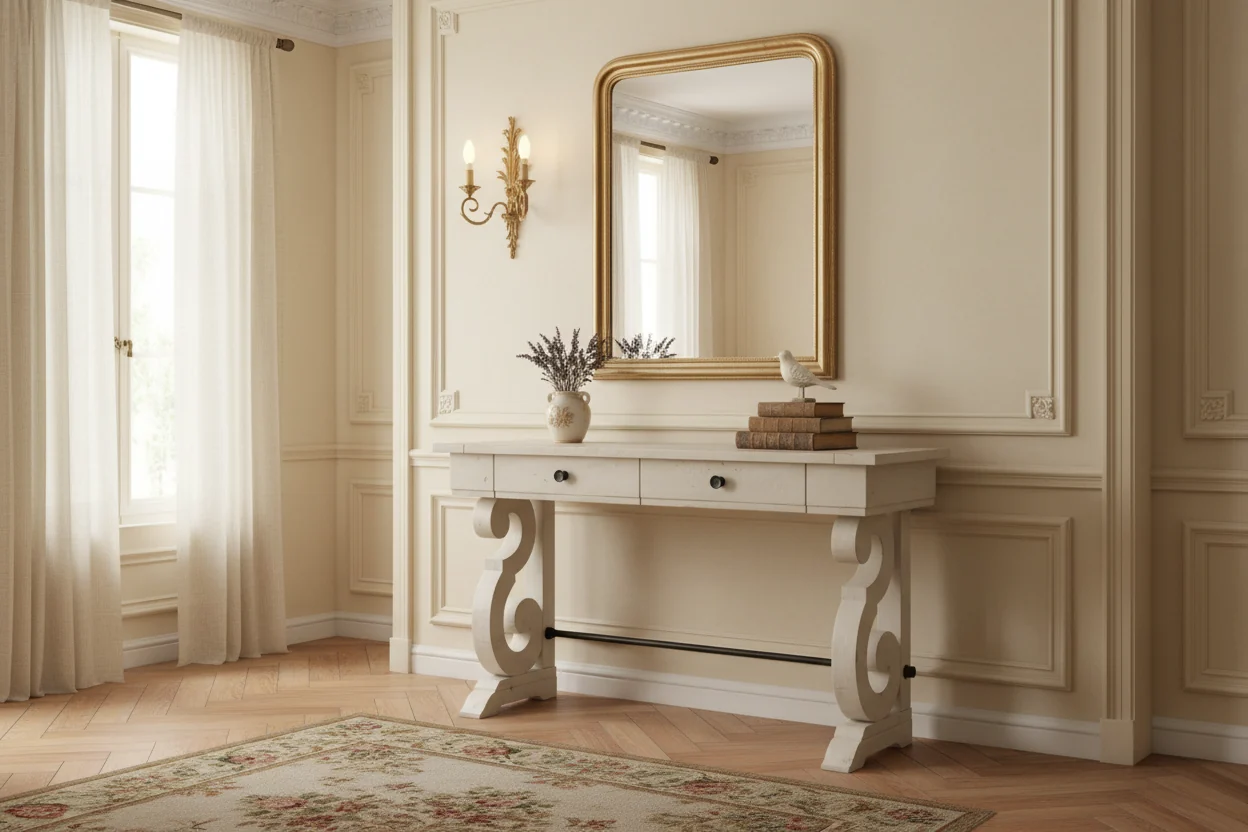 50 Traditional Sofa Table with Storage - Alabaster Pine with Scroll Design Wood Base