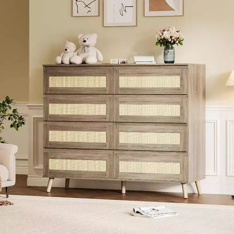 GustoWave 8-Drawer Rattan Dresser Natural Finish Wooden Storage Cabinet for Bedroom Nursery Living Room Entryway