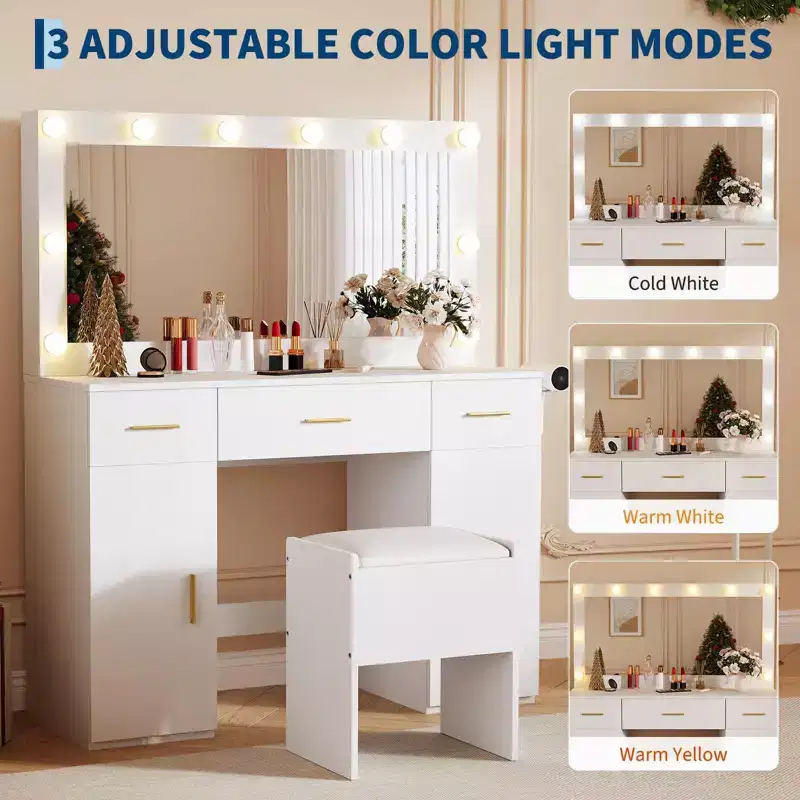Vanity Set with Mirror, Makeup Desk with Drawers and Storage Stool, White Dressing Table for Bedroom Apartment