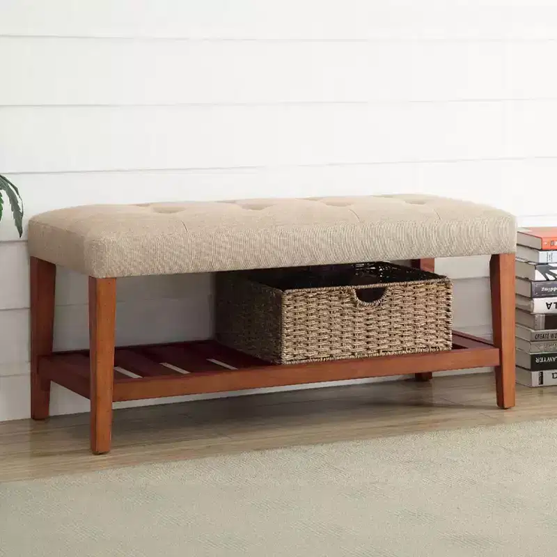 Modern 2-Tier Tufted Button Ottoman Bench Shoe Bench with Open Storage Shelf, Upholstered Storage Bench for Entryway, Living Room