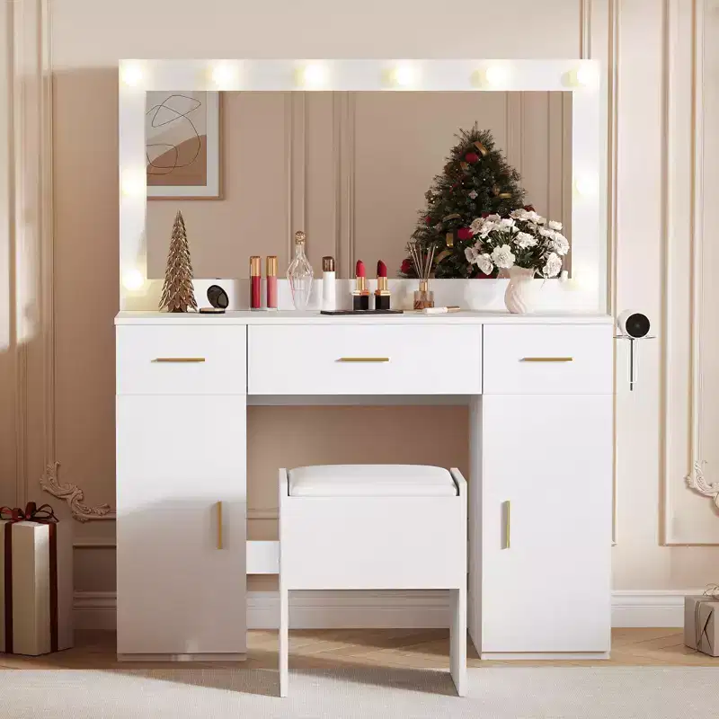 Vanity Set with Mirror, Makeup Desk with Drawers and Storage Stool, White Dressing Table for Bedroom Apartment