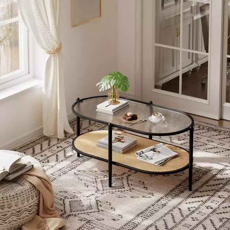37 Rattan Coffee Table, 2 Tier Wooden Oval Center Table with Tempered Glass Top, Accent Cocktail Tea Table for Living Room Bedroom Office