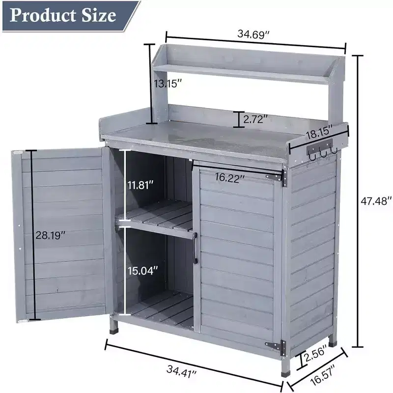 Garvee Outdoor Potting Bench Table Storage Cabinet, Work Bench with Storage Shelf & Galvanized Tabletop,Gray