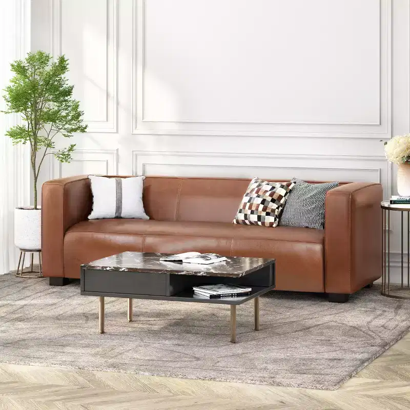 Contemporary Square Arm Faux Leather 3 Seater Sofa with Birch Wood Legs
