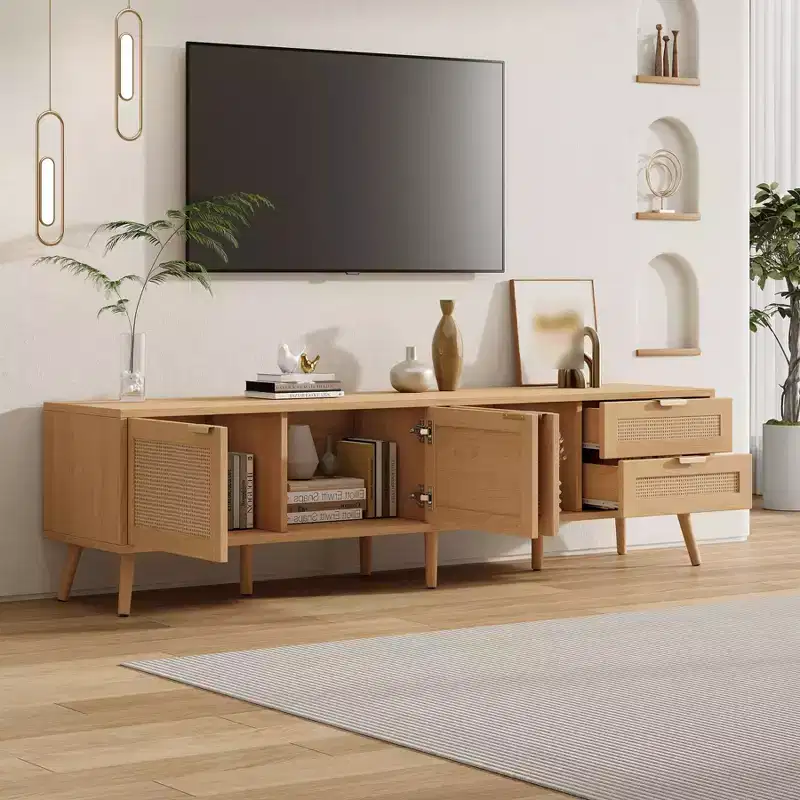 Modern TV Stand for TVs up to 80, 70 Wooden Entertainment Center with Storage & 2 Drawers, TV Console Table for Living Room Bedroom