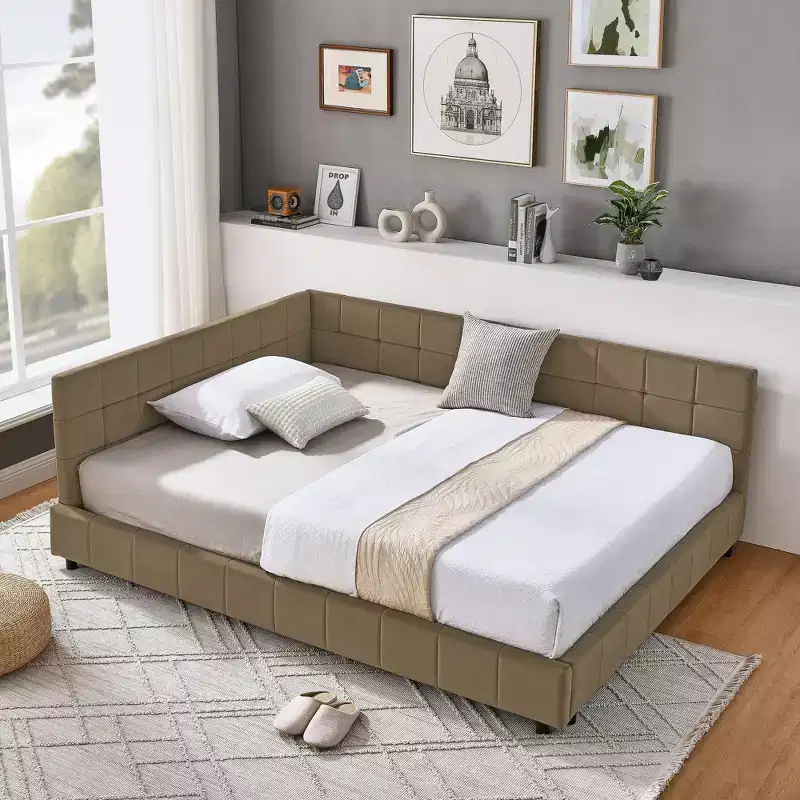 Full Size Upholstered Tufted Bed Frame, Sofa Bed Frame with Comfortable Backrest and Armrests, Full Size Bed for Bedroom, Living RoomBrown