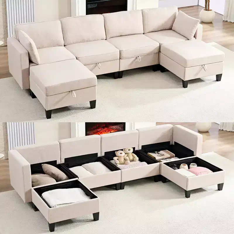 Mjkone Flexible Combination 4-Seater Modular Sofa with Ottomans,Linen Convertible Sleeper Sofa Bed with Storage Space