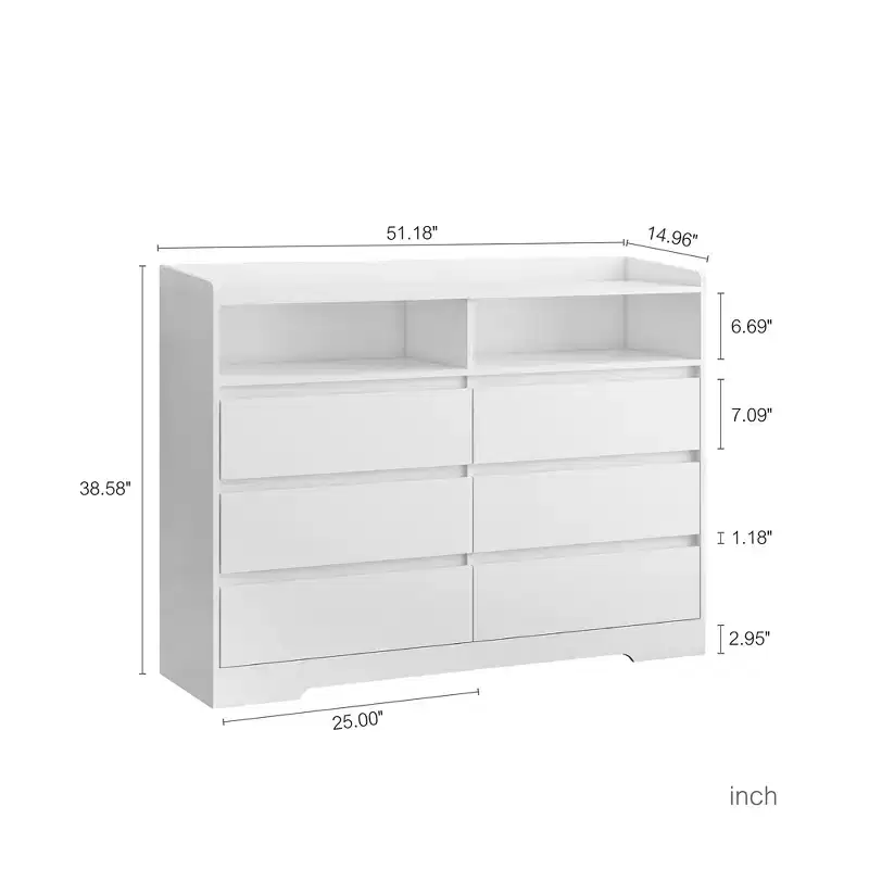 White Dresser w/6 Drawers, Wide Wood Chest of Drawers for Bedroom, Large Storage Tower Unit, Modern Minimalist Closet Store Organizer for Living Room