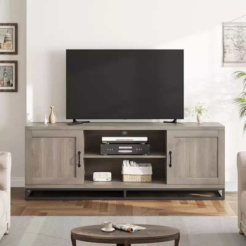 Acekool Farmhouse TV Stand for Living Room, 2-Tier Adjustable Shelves, Metal Base, Media Console for 75 Inch TV, Gray