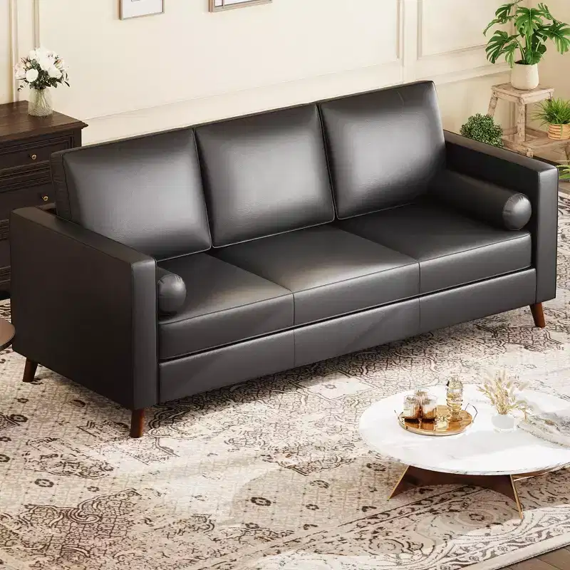 81 Leather Sofa for Living Room, Mid-Century Modern Couch with Deep Seats, Brown Faux Leather Couch, 3 Seat Sofa with Removable Cover for Apartment
