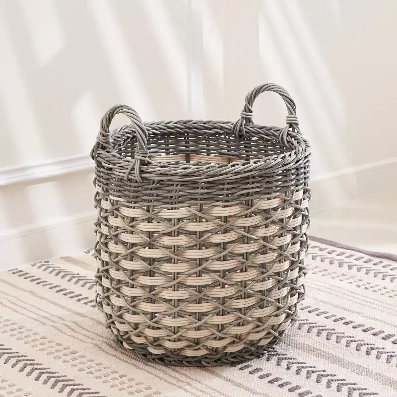 Zita Round Resin Woven Wicker Multi-Use Storage Basket with Handles - 18 x 18 x 15.7 - White-Gray - For Towel