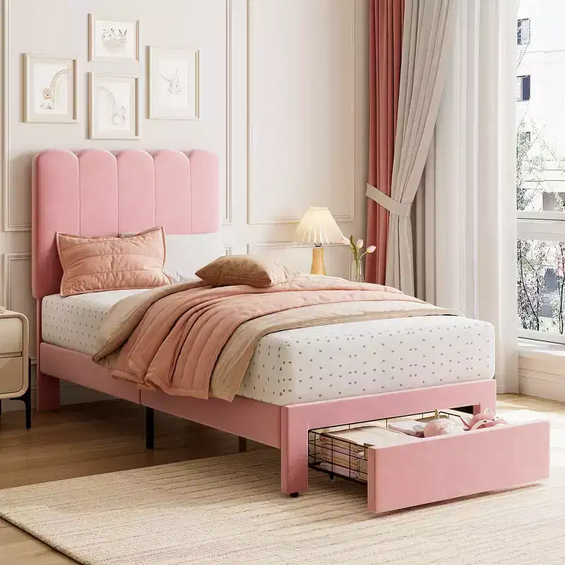 Twin Bed Frame with Storage Drawer and Headboard, Velvet Upholstered Twin Platform Bed Frame for Girls
