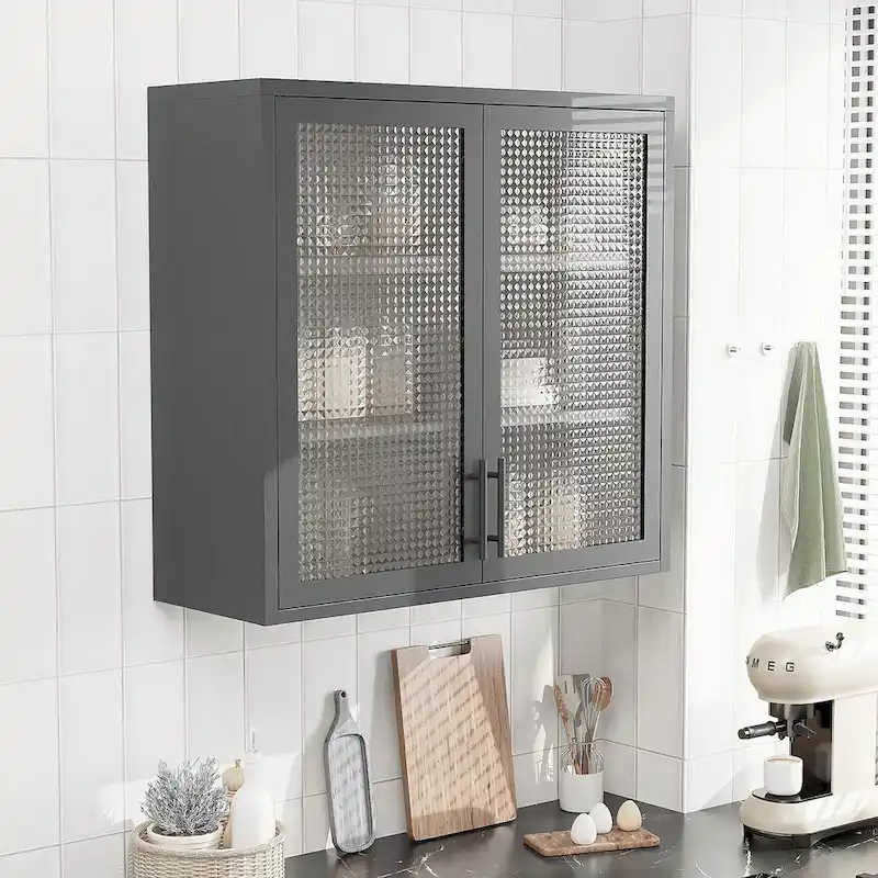 Wall Mounted Cabinet Table-Top Storage Cabinet with Hazy Glass Doors and 2 Adjustable Shelves for Living Room