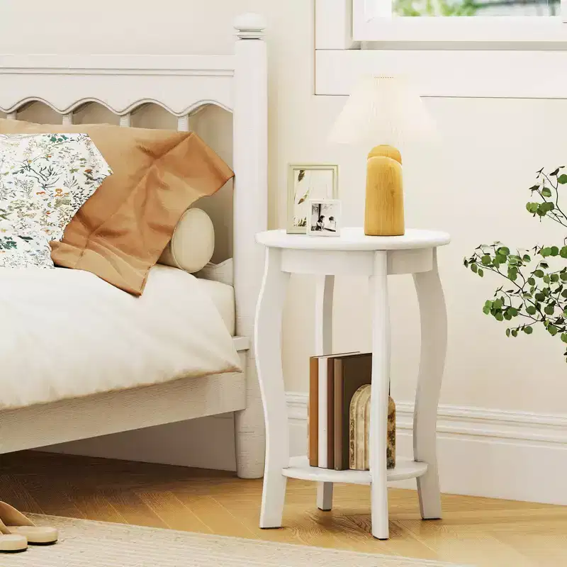Costway 2-Tier Round End Table Narrow Sofa Side Nightstand w/ Storage Shelf & Wood Legs