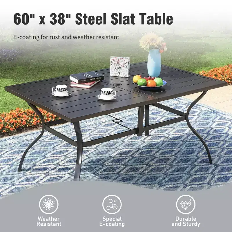 Captiva Designs 8pc Outdoor Slat-top Rectangle Steel Dining Table & Metal Stackable Chairs & 13ft Blue Umbrella