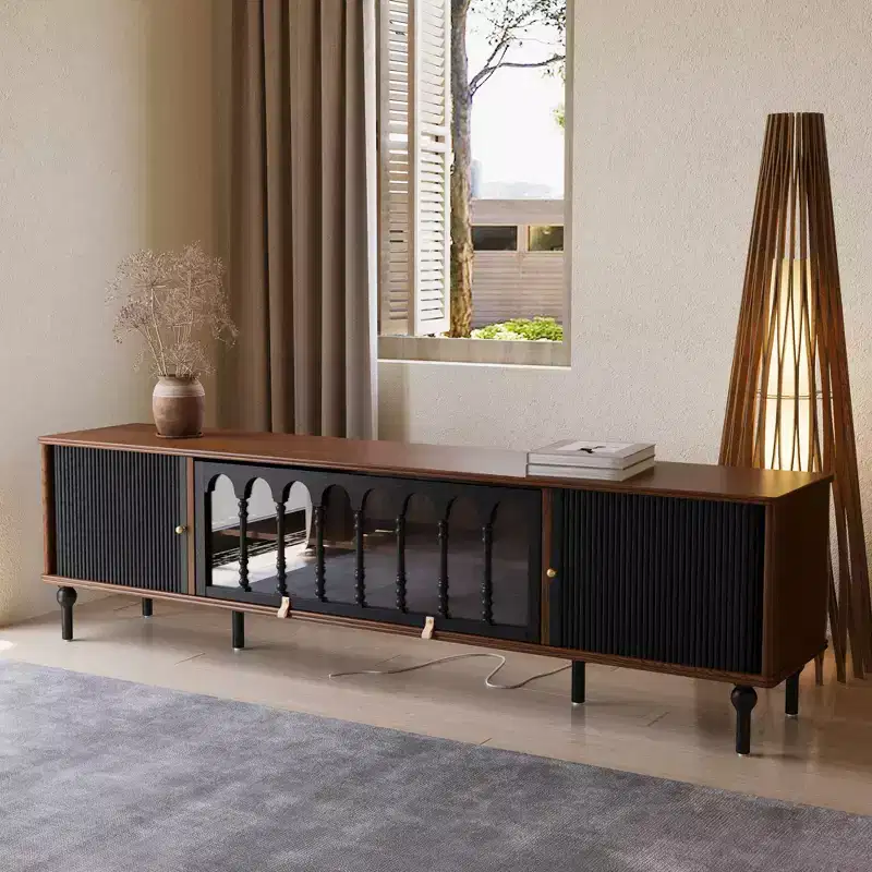 Luck Live Mid-Century Modern 78.74 TV Stand with Sliding Doors, Arched Glass Panels, Metal Handles, Solid Wood Legs & Cable Management
