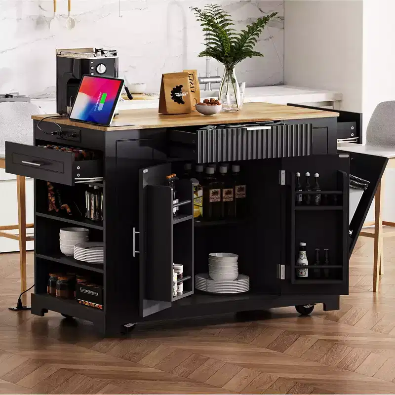 Whisen Classic Style Kitchen Islands on 5 Wheels with 3 Drawer and 3 Open Side Racks