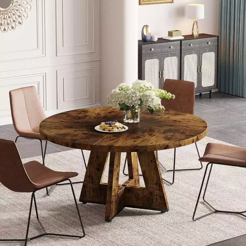 Lantine 47-Inch Round Dining Table for 4, Farmhouse Circle Kitchen Table with Wooden Pedestal Base for Kitchen, Dining Room, Living Room, Rustic Brown